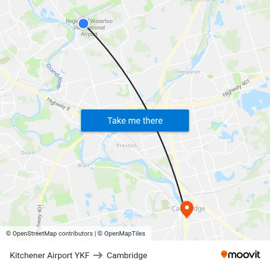 Kitchener Airport YKF to Cambridge map