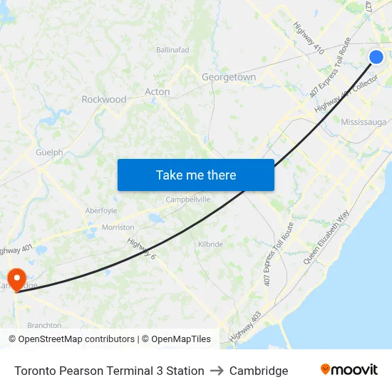 Toronto Pearson Terminal 3 Station to Cambridge map