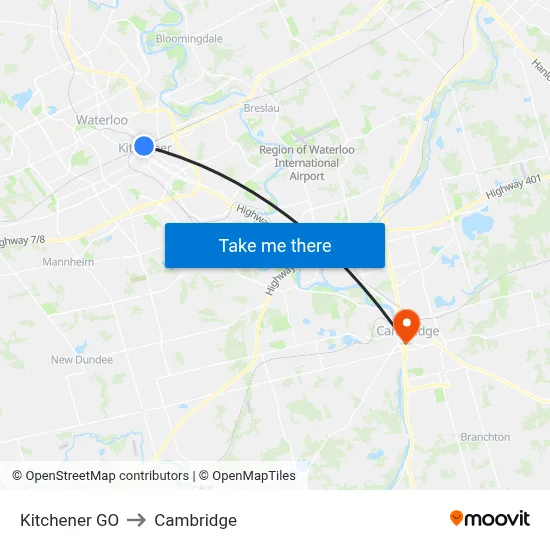 Kitchener GO to Cambridge map