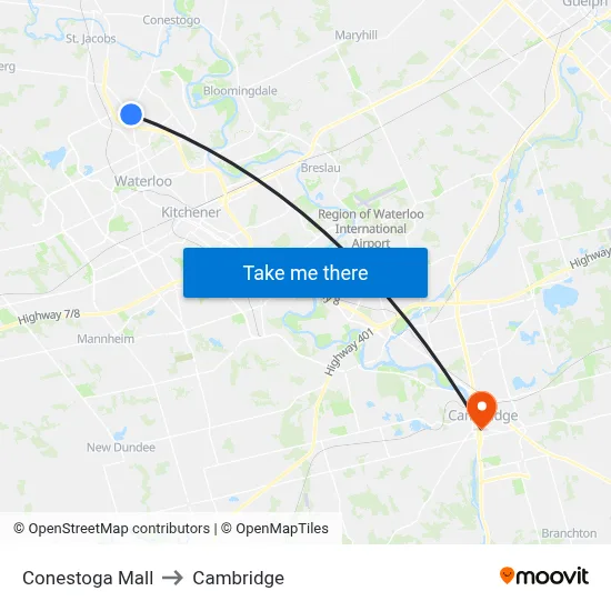 Conestoga Mall to Cambridge map