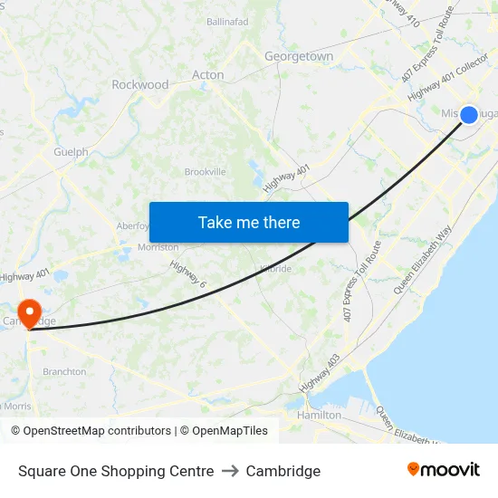 Square One Shopping Centre to Cambridge map