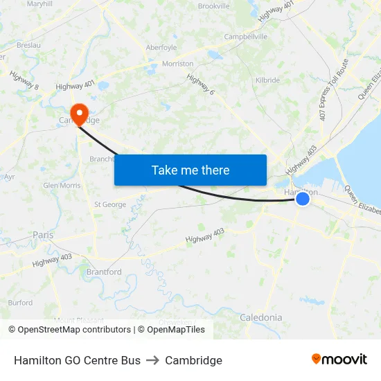 Hamilton GO Centre Bus to Cambridge map