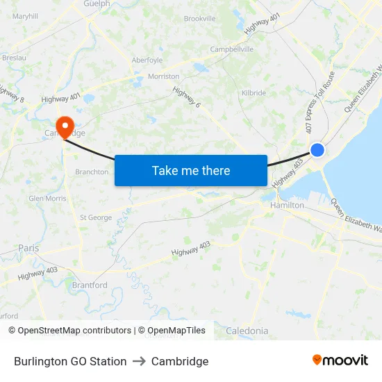 Burlington GO Station to Cambridge map