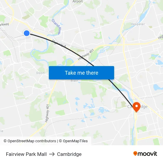 Fairview Park Mall to Cambridge map