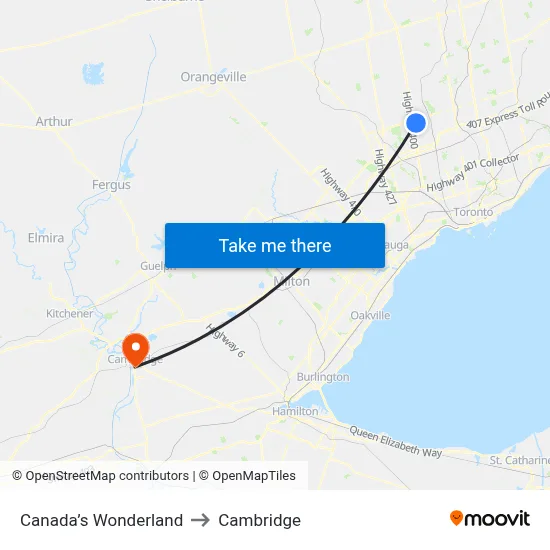 Canada’s Wonderland to Cambridge map