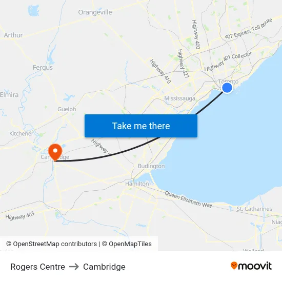 Rogers Centre to Cambridge map