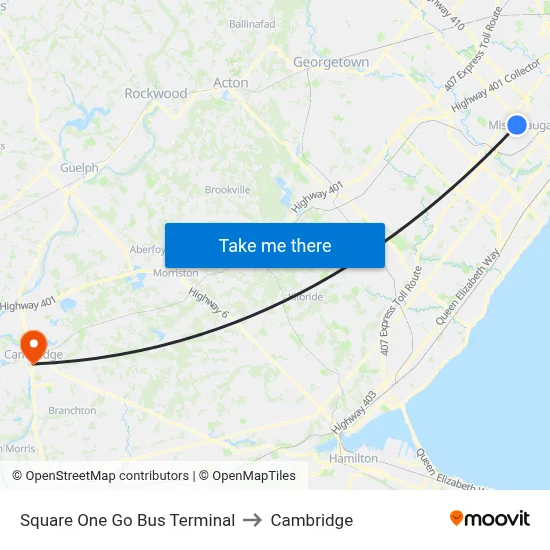 Square One Go Bus Terminal to Cambridge map