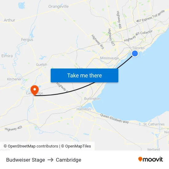 Budweiser Stage to Cambridge map