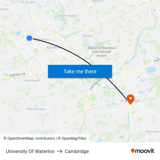 University Of Waterloo to Cambridge map