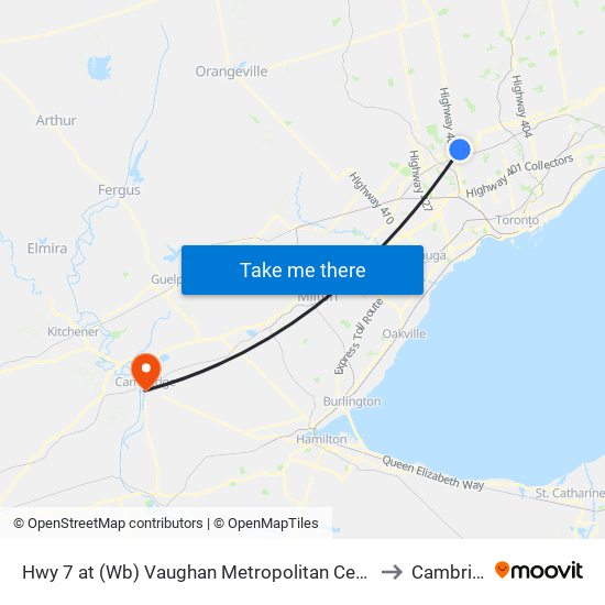 Hwy 7 at (Wb) Vaughan Metropolitan Centre Station to Cambridge map