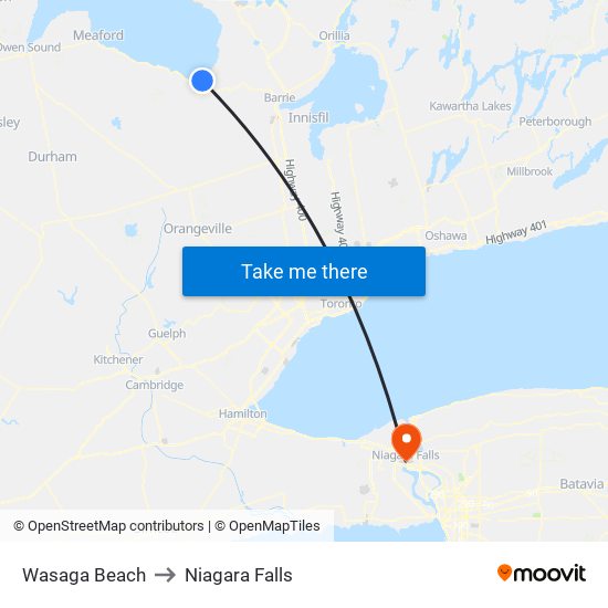 Wasaga Beach to Niagara Falls map