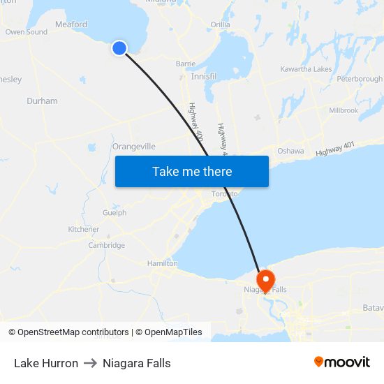 Lake Hurron to Niagara Falls map