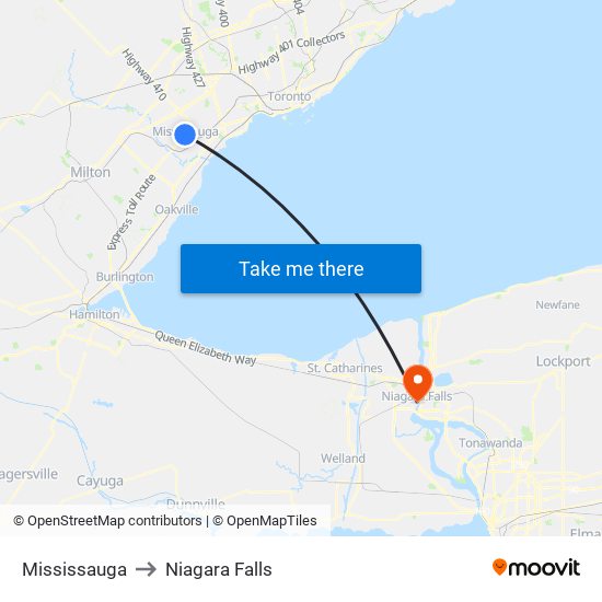 Mississauga to Niagara Falls map