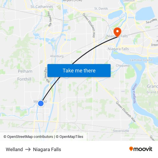 Welland to Niagara Falls map