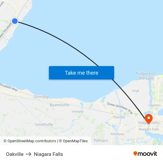 Oakville to Niagara Falls map