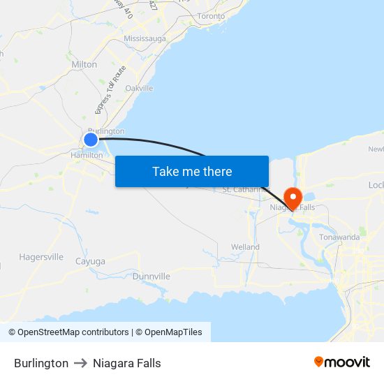 Burlington to Niagara Falls map