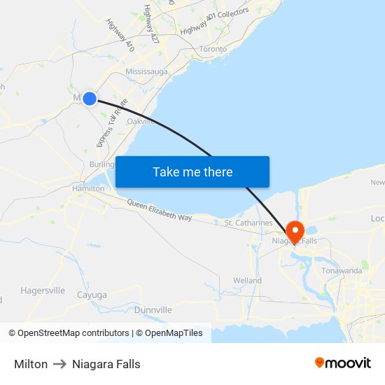 Milton to Niagara Falls map