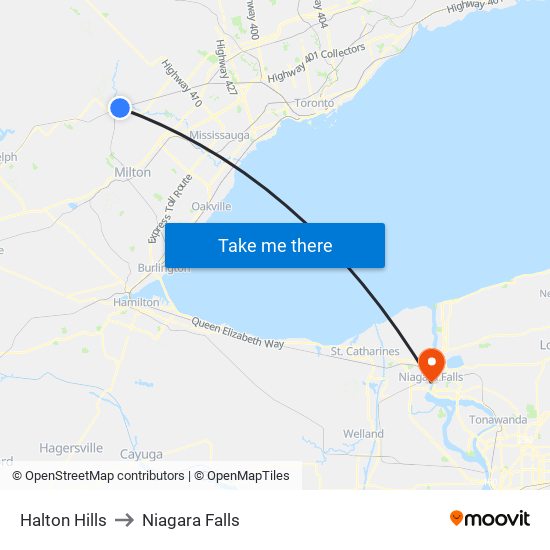 Halton Hills to Niagara Falls map