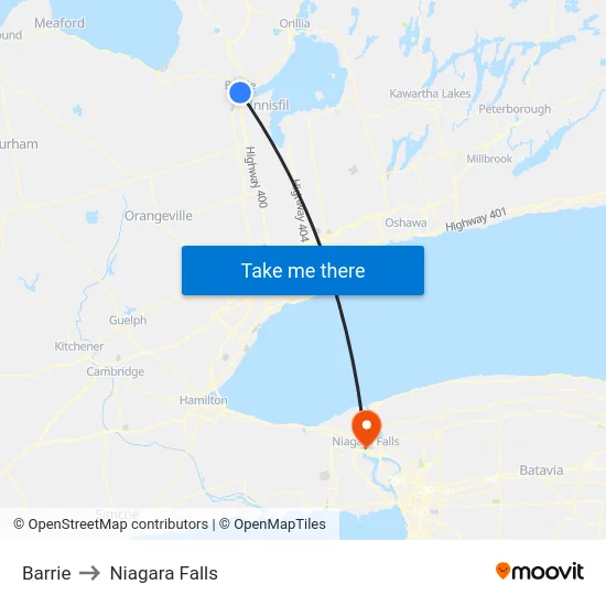 Barrie to Niagara Falls map