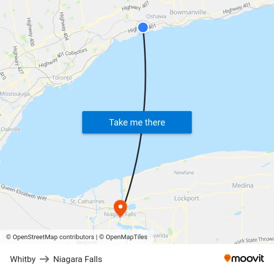 Whitby to Niagara Falls map