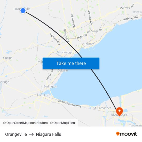 Orangeville to Niagara Falls map