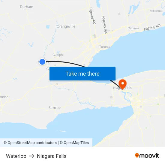 Waterloo to Niagara Falls map