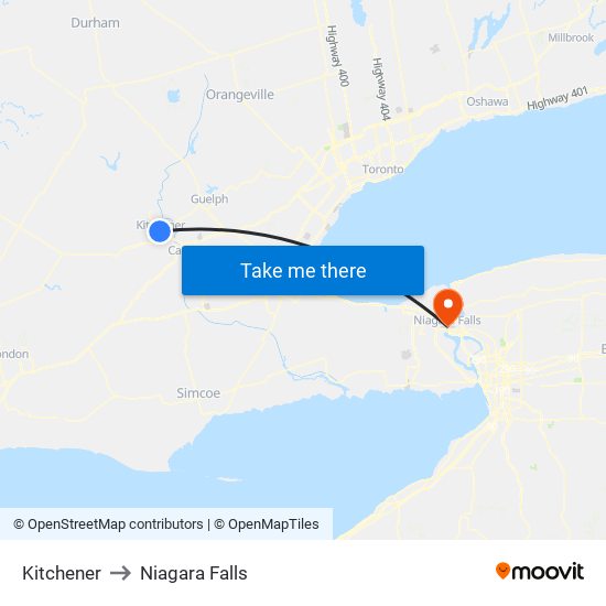 Kitchener to Niagara Falls map