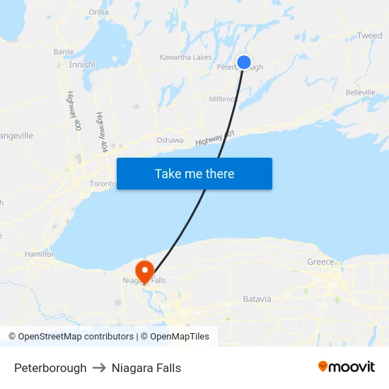 Peterborough to Niagara Falls map