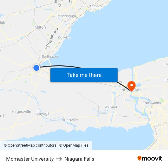 Mcmaster University to Niagara Falls map