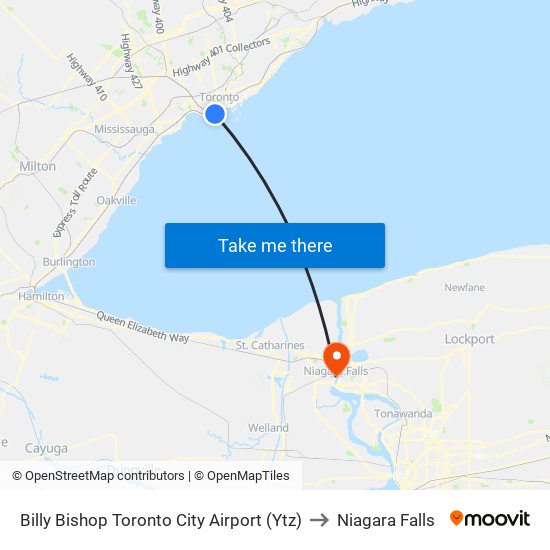Billy Bishop Toronto City Airport (Ytz) to Niagara Falls map