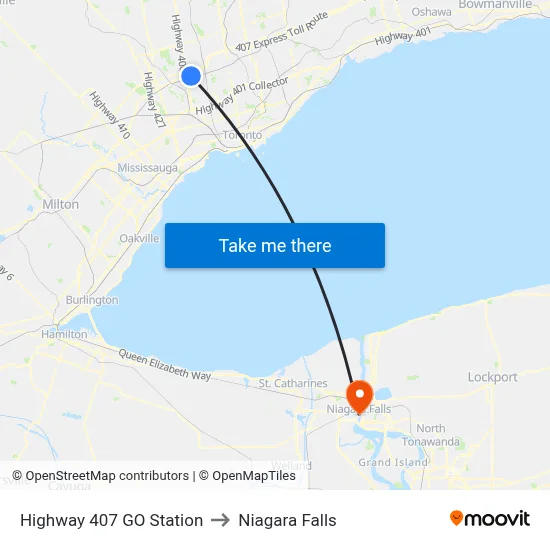 Highway 407 GO Station to Niagara Falls map