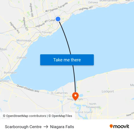 Scarborough Centre to Niagara Falls map