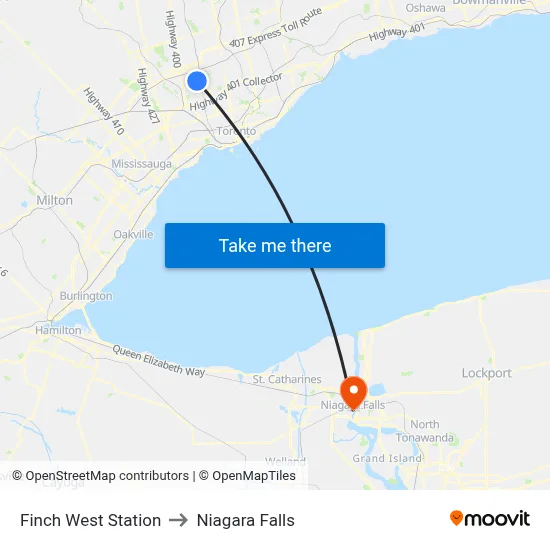 Finch West Station to Niagara Falls map