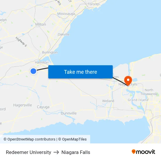 Redeemer University to Niagara Falls map