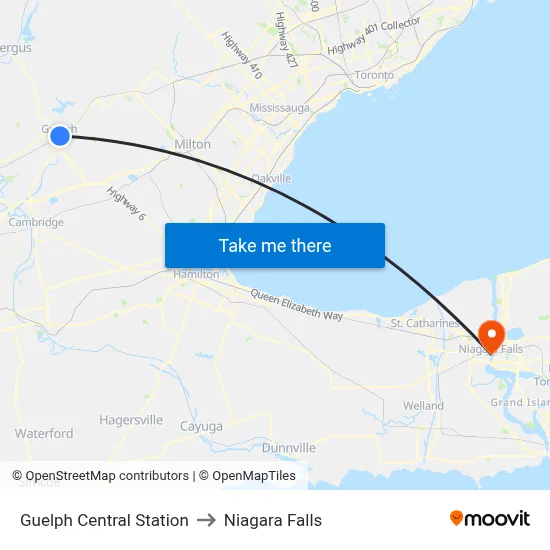 Guelph Central Station to Niagara Falls map
