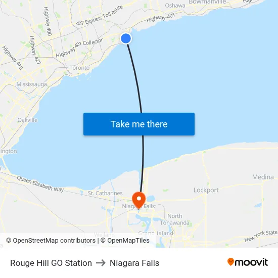 Rouge Hill GO Station to Niagara Falls map