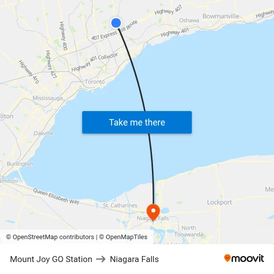Mount Joy GO Station to Niagara Falls map