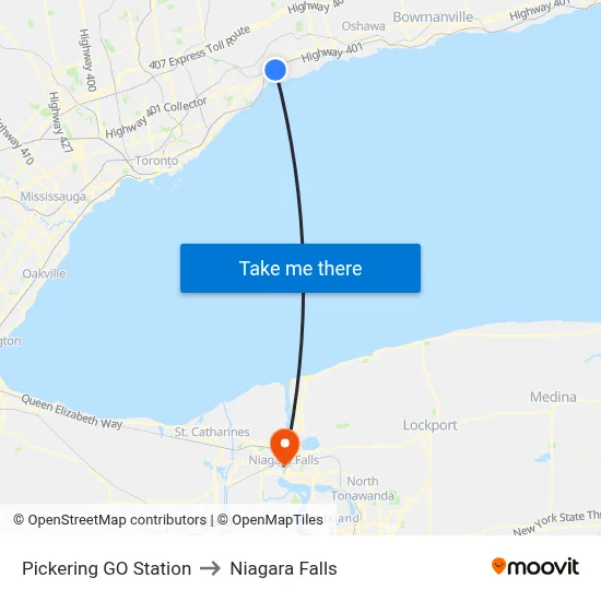 Pickering GO Station to Niagara Falls map