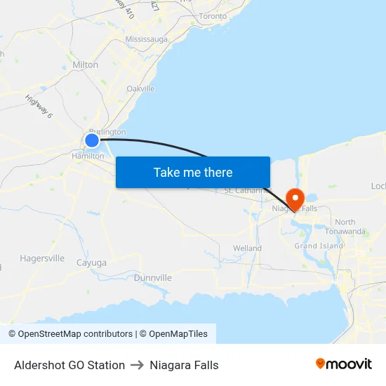Aldershot GO Station to Niagara Falls map