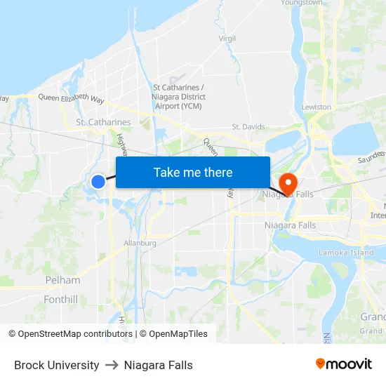 Brock University to Niagara Falls map