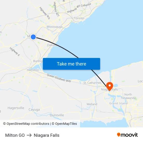 Milton GO to Niagara Falls map