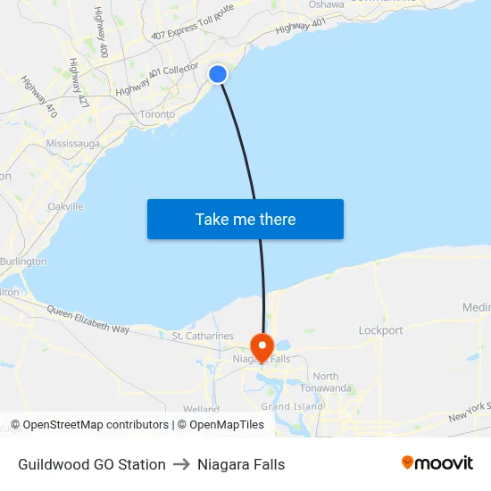 Guildwood GO Station to Niagara Falls map