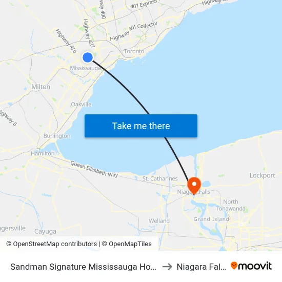 Sandman Signature Mississauga Hotel to Niagara Falls map
