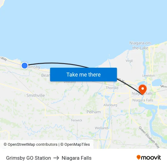 Grimsby GO Station to Niagara Falls map