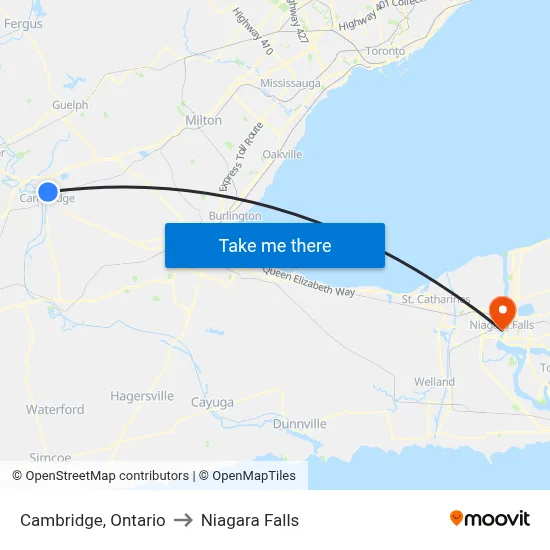 Cambridge, Ontario to Niagara Falls map
