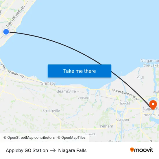 Appleby GO Station to Niagara Falls map