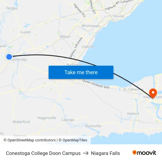 Conestoga College Doon Campus to Niagara Falls map