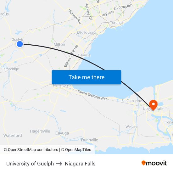 University of Guelph to Niagara Falls map