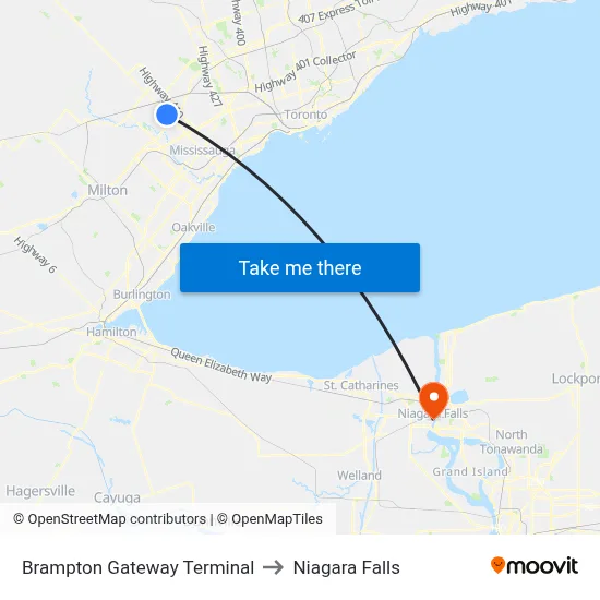 Brampton Gateway Terminal to Niagara Falls map