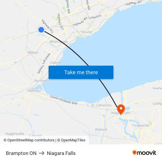 Brampton ON to Niagara Falls map